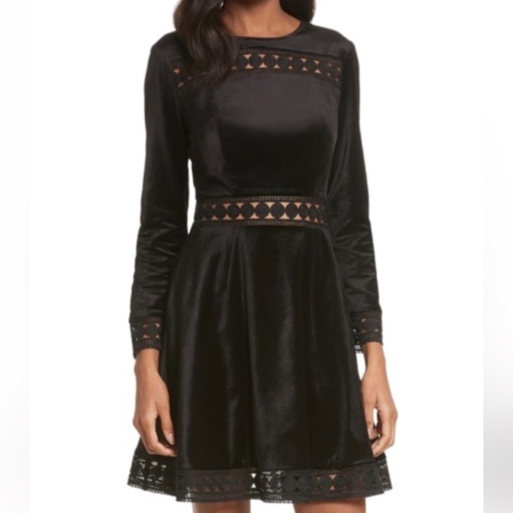 Ted Baker Lullita Geo Lace Velvet Cutout Long Sleeved Exposed Zipper Dress SZ M